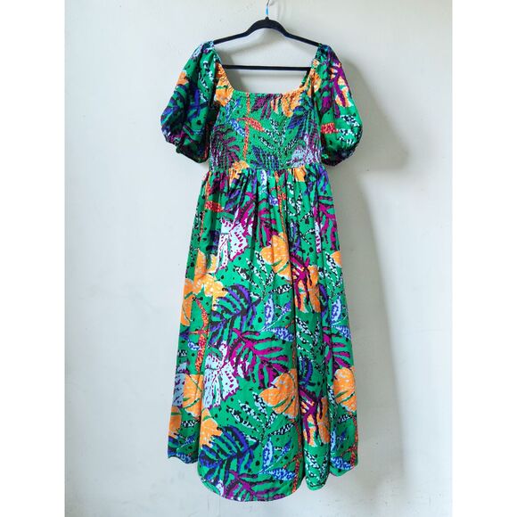 Cato Dresses & Skirts - Cato Size Large Tropical Floral Smocked Puff Sleeve Dress - Green & Orange